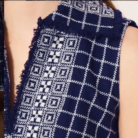 TORY BURCH Fringe Embroidered Sleeveless V-Neck Tweed Dress NWT - Picture 3 of 11